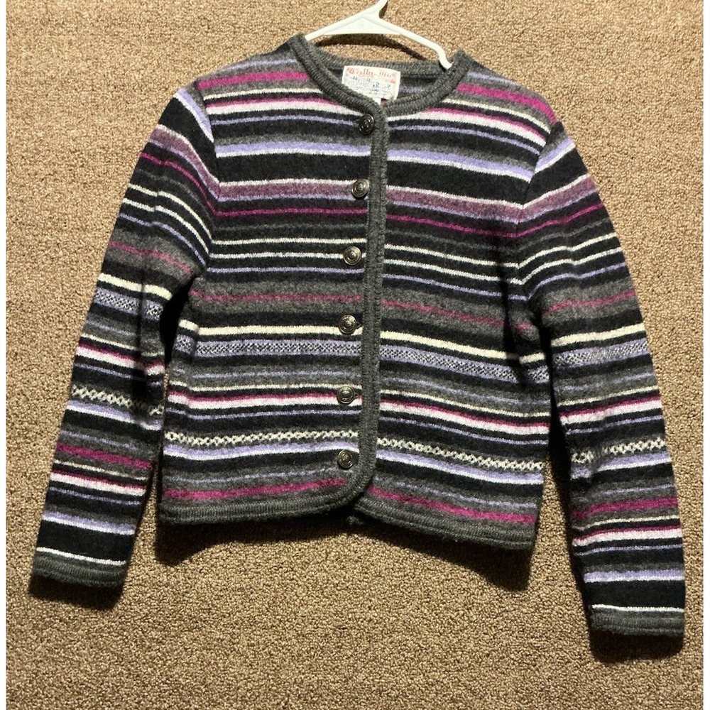 Tally HO Women Striped Cardigan Wool Sweater VINTAGE PETITE‎ MEDIUM Black Gay